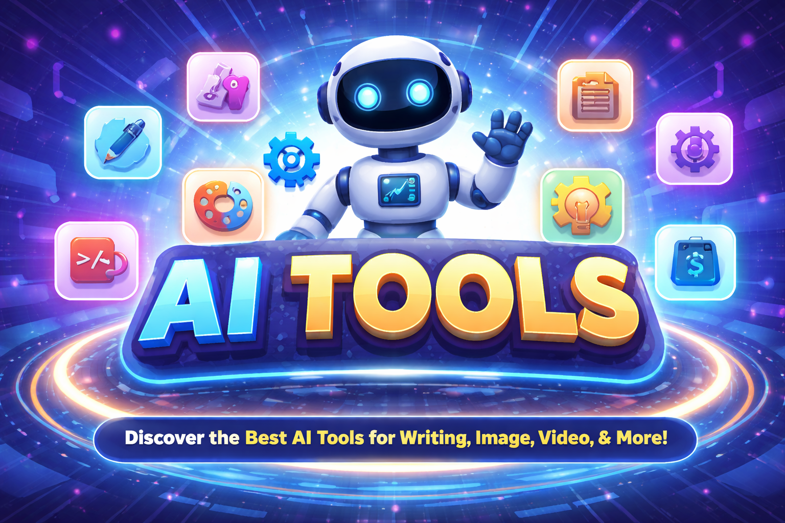 Modern AI tools graphic showing automation, coding and design icons
