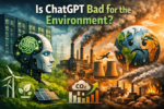 Is ChatGPT bad for the environment? Illustration showing AI technology, data centers, renewable energy, and pollution impact.