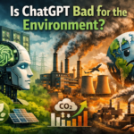 Is ChatGPT bad for the environment? Illustration showing AI technology, data centers, renewable energy, and pollution impact.