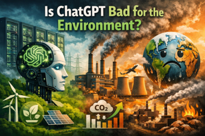 Is ChatGPT bad for the environment? Illustration showing AI technology, data centers, renewable energy, and pollution impact.