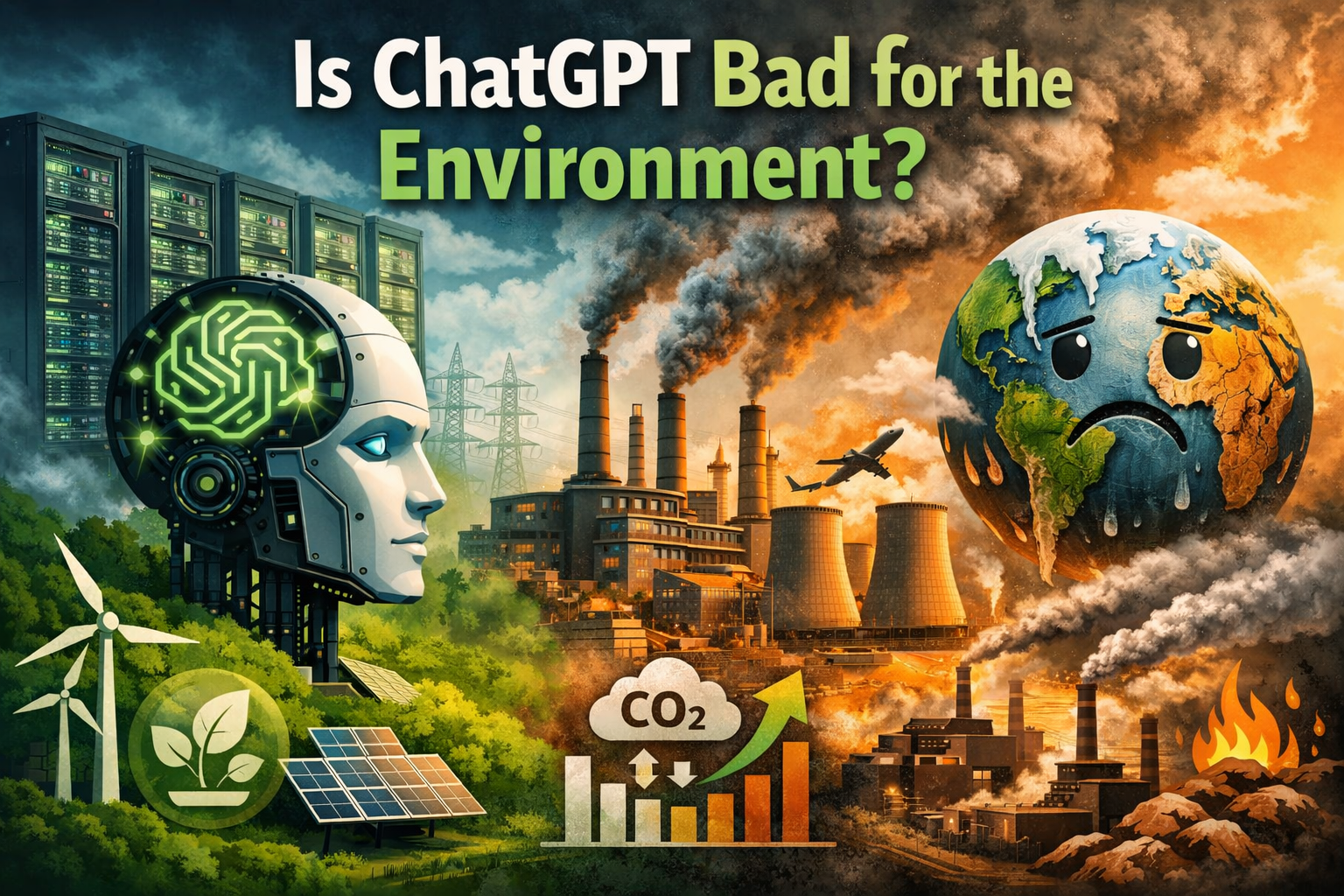 Is ChatGPT bad for the environment? Illustration showing AI technology, data centers, renewable energy, and pollution impact.