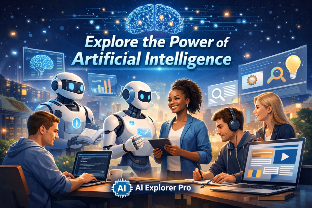 People learning and working with artificial intelligence tools in a modern digital environment.