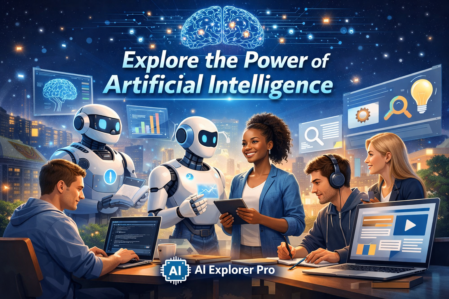 People learning and working with artificial intelligence tools in a modern digital environment.