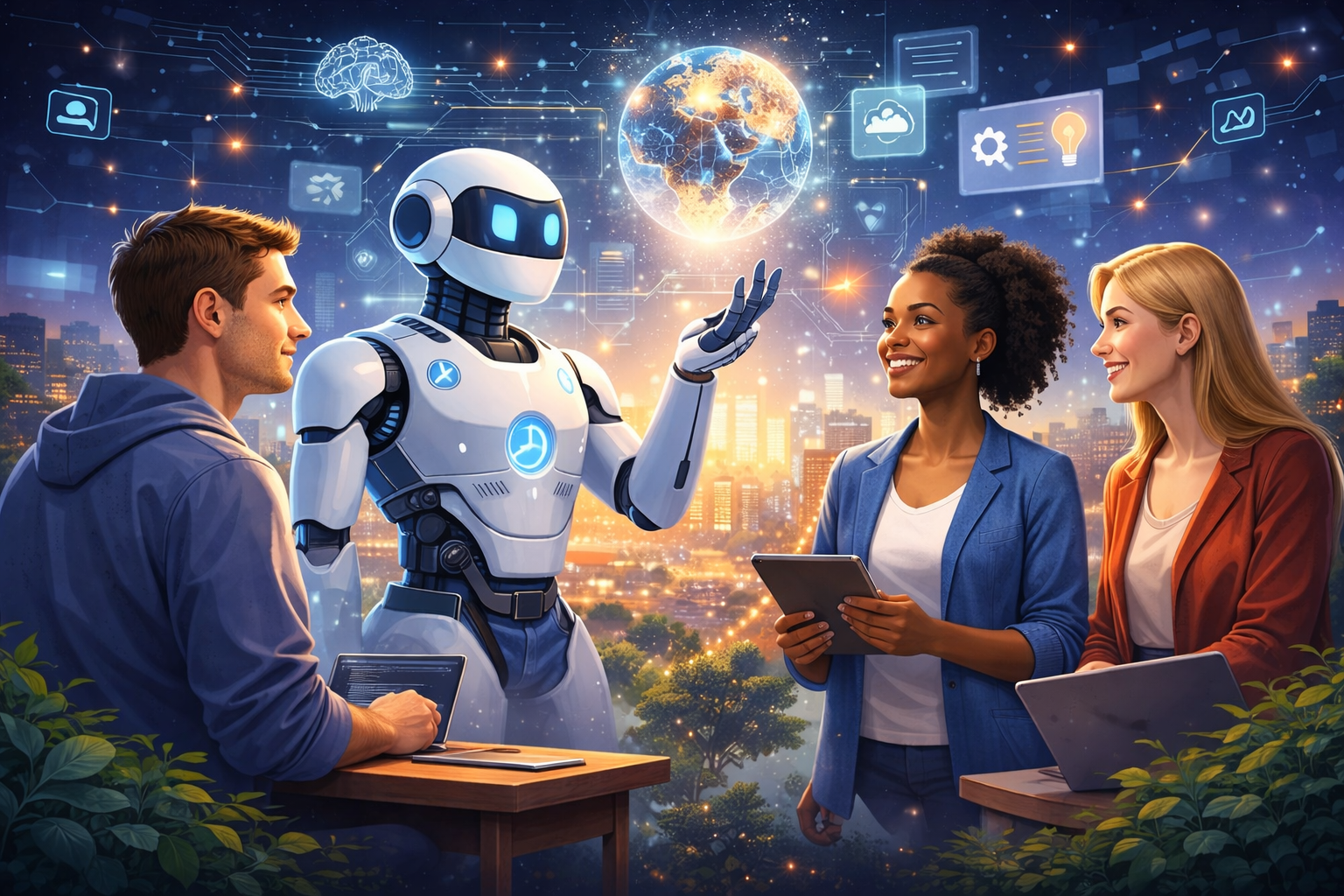 People collaborating with artificial intelligence in a modern digital learning environment.