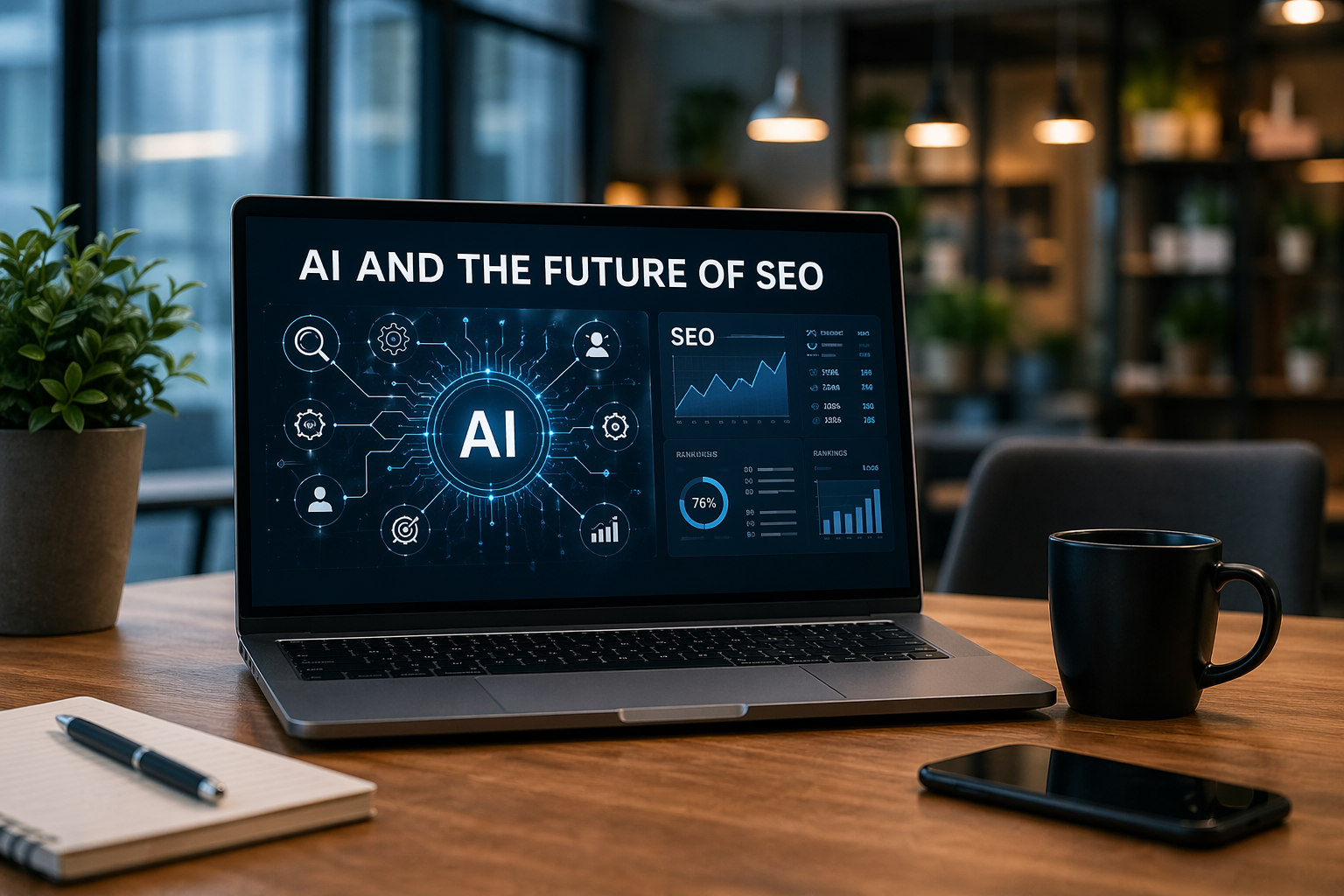 AI and the future of SEO dashboard displayed on a laptop in a modern workspace