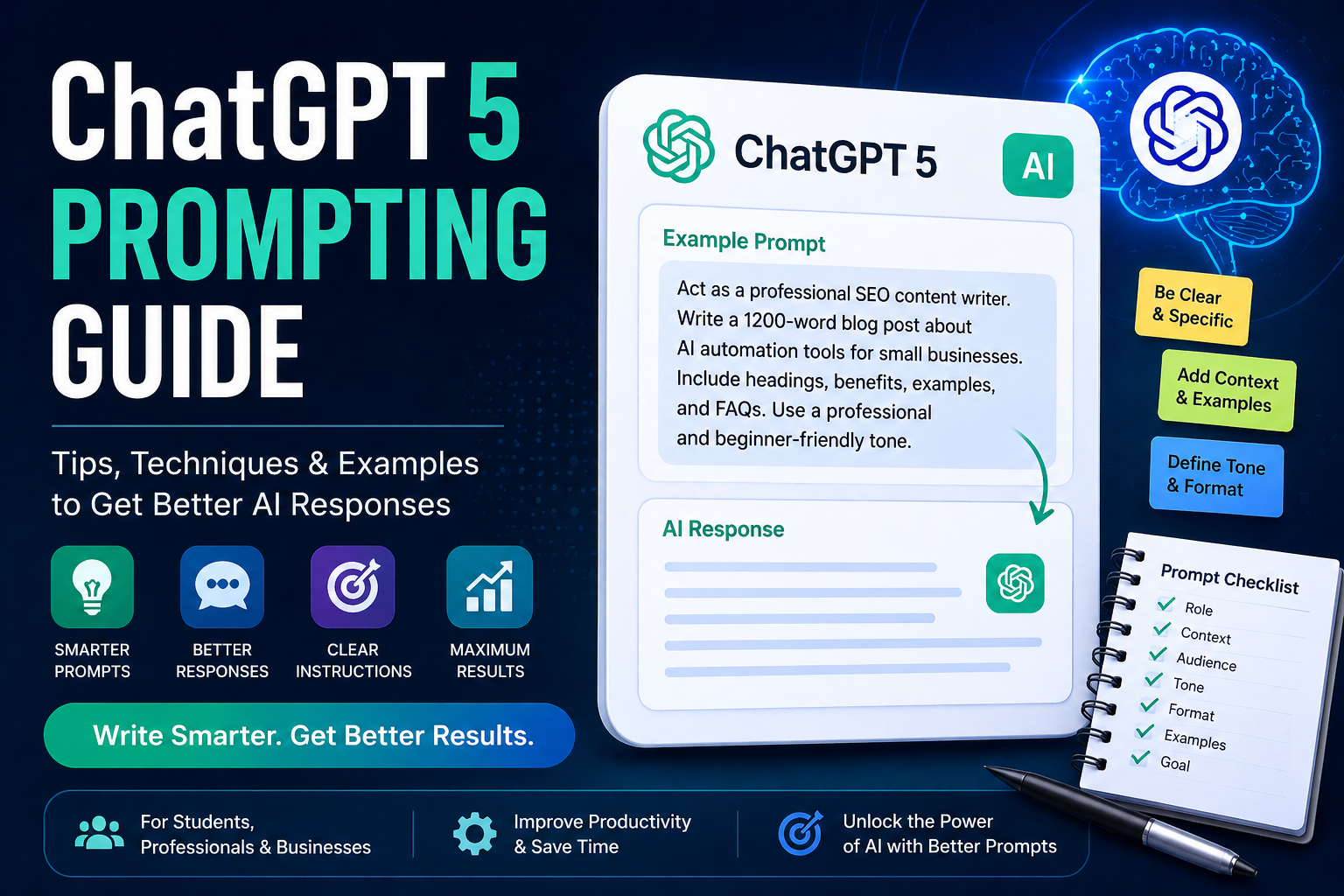 Modern featured image showing ChatGPT 5 prompting guide with AI prompt examples tips strategies and workflow techniques for generating better AI responses