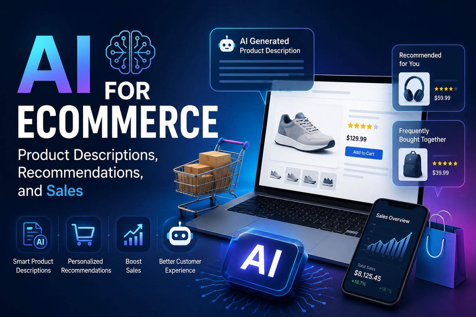 Illustration showing AI for eCommerce with an online store, AI-generated product descriptions, personalized product recommendations, shopping cart, sales analytics, and automation tools to increase online sales.