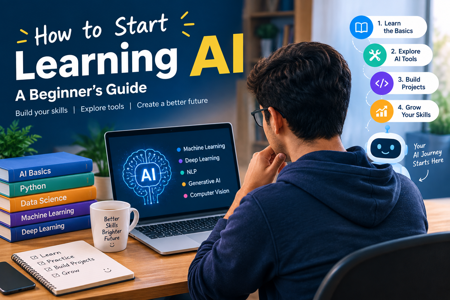 How to start learning AI with a beginner studying artificial intelligence, AI tools, machine learning, Python, and practical AI projects.